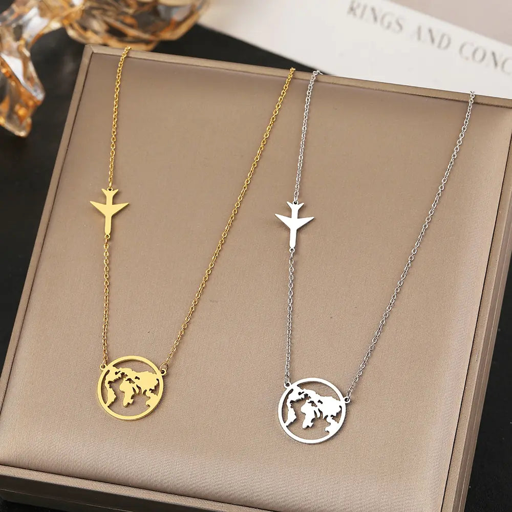 Stainless Steel Necklaces Airplane Globe Map Traveler Pendants Fashion